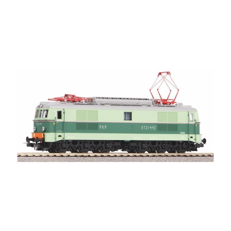 Lokomotywa elektryczna ET 21 PKP, skala H0, Piko. Zielono-szary model z czerwonymi elementami.
