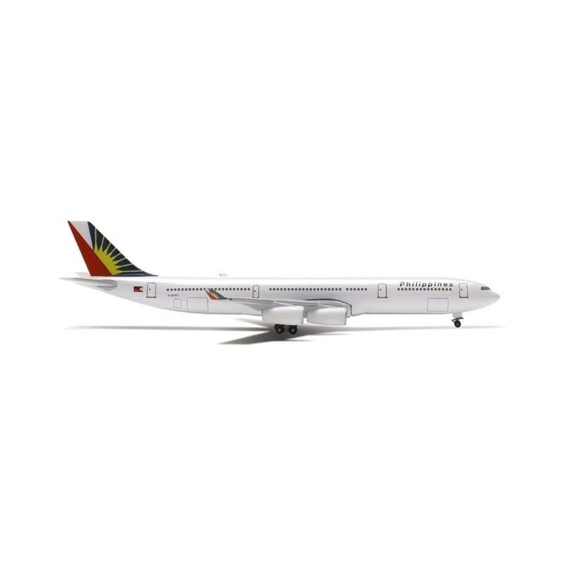 Model Philippine Airlines Airbus A340-300, skala 1:500, HERPA. Biały kadłub, ogon z żółtym słońcem, logo linii lotniczych.