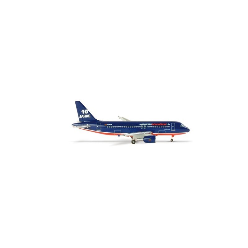 Model redukcyjny Airbus A319 "10 Jahre", skala nieokreślona, Herpa. Malowanie Hamburg International, oznaczenie "10 Jahre".