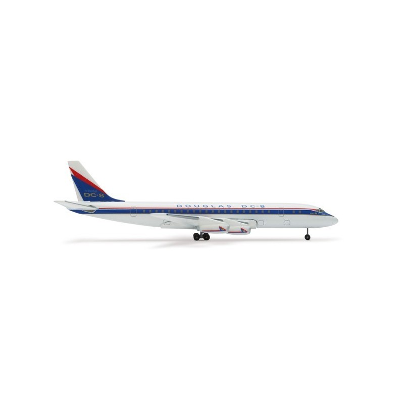 Model redukcyjny Douglas DC-8-11, skala 1:500, Herpa. Biały kadłub z niebiesko-czerwonymi akcentami.