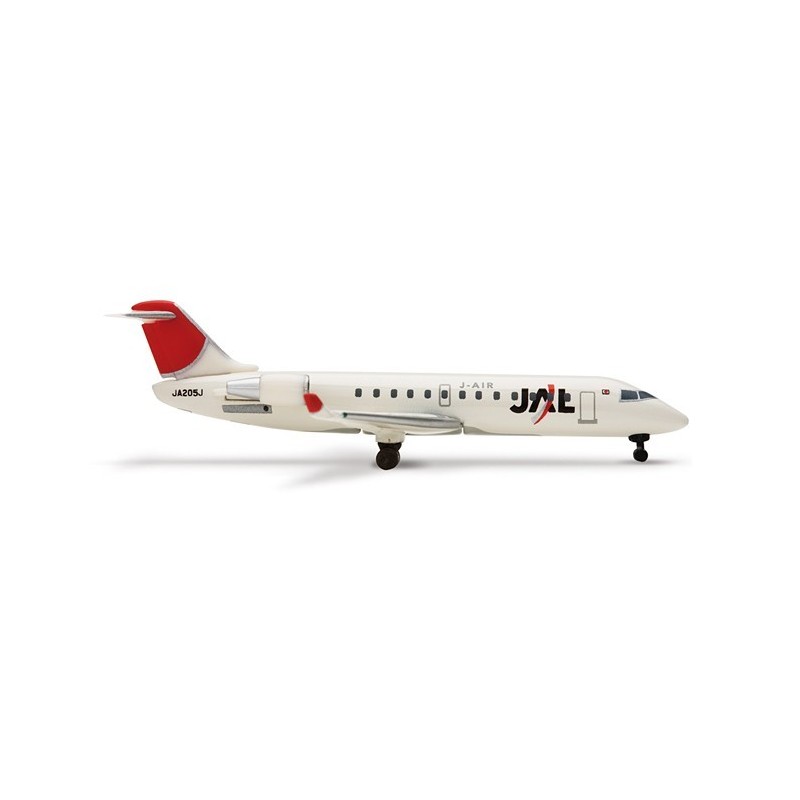 Model samolotu J-Air Bombardier Jet CRJ200, skala 1:200, Herpa. Biały kadłub, czerwony ogon, logo JAL.