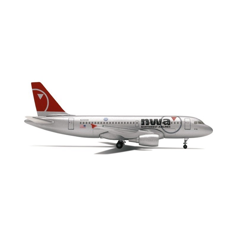 Model redukcyjny Airbus A319, skala 1:500, Herpa. Malowanie Northwest Airlines, detale logo i oznaczenia.