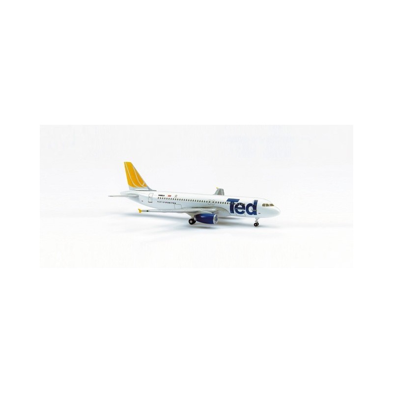 Model samolotu Airbus A320, skala 1:500, HERPA. Malowanie Ted, biały kadłub, żółty ogon, logo Ted na bokach.