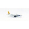 Model samolotu Airbus A320, skala 1:500, HERPA. Malowanie Ted, biały kadłub, żółty ogon, logo Ted na bokach.