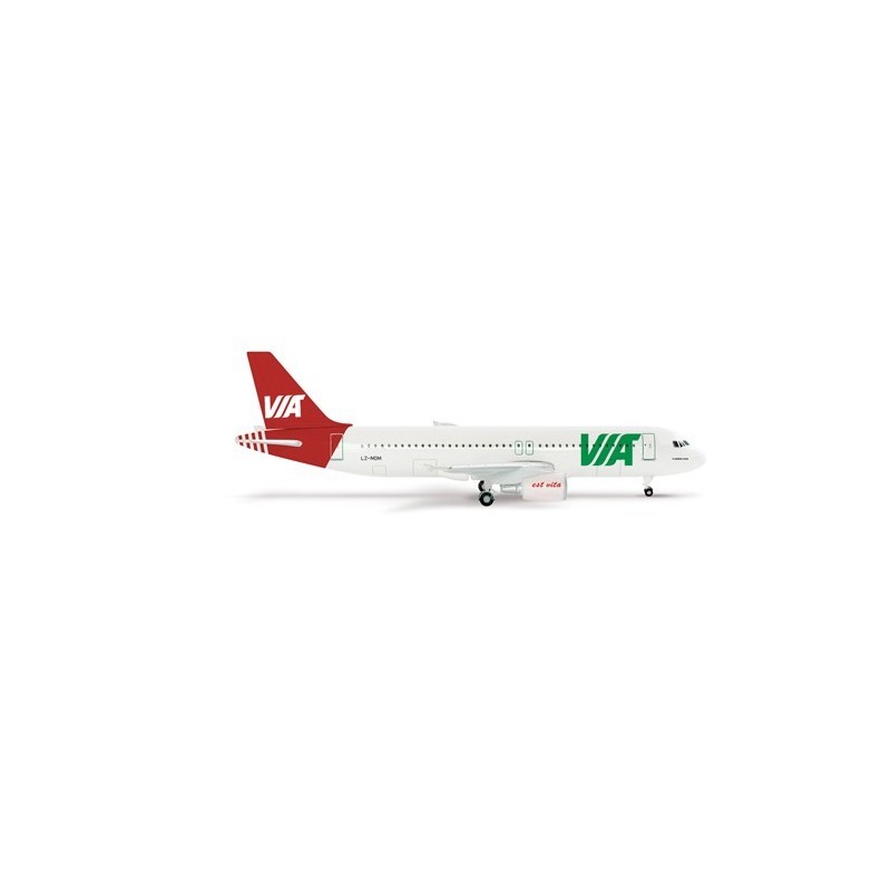 Air Via Airbus A320, skala 1:400, HERPA. Biały kadłub, czerwony ogon i zielone logo VIA.
