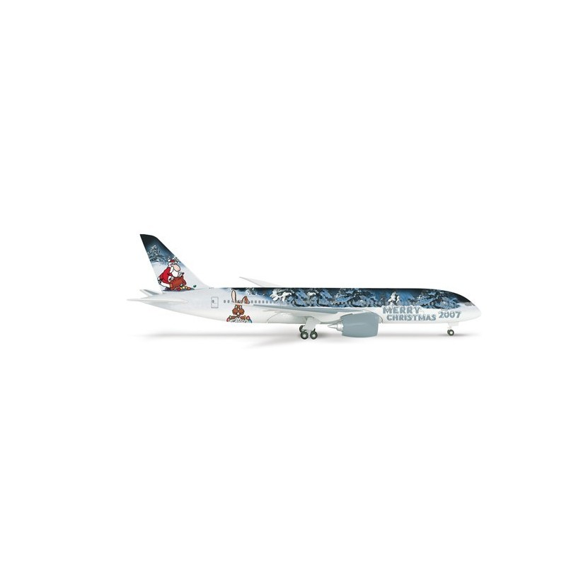 Model redukcyjny Boeing 787-8, skala 1:500, HERPA. Malowanie świąteczne z napisem "Merry Christmas 2007".