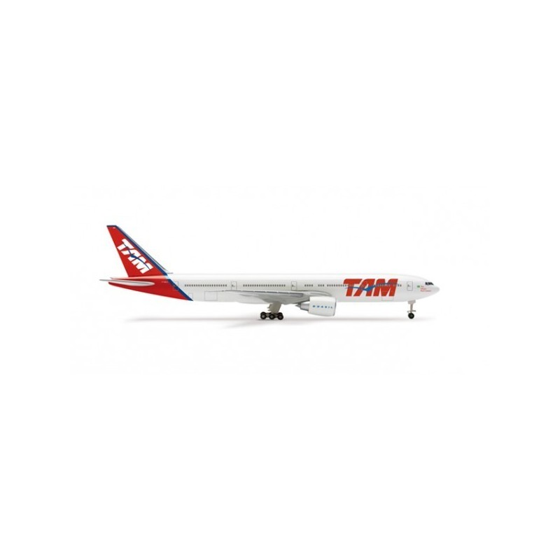 Model redukcyjny Boeing 777-300ER, skala 1:500, Herpa. Biały kadłub, czerwono-błękitne malowanie TAM.