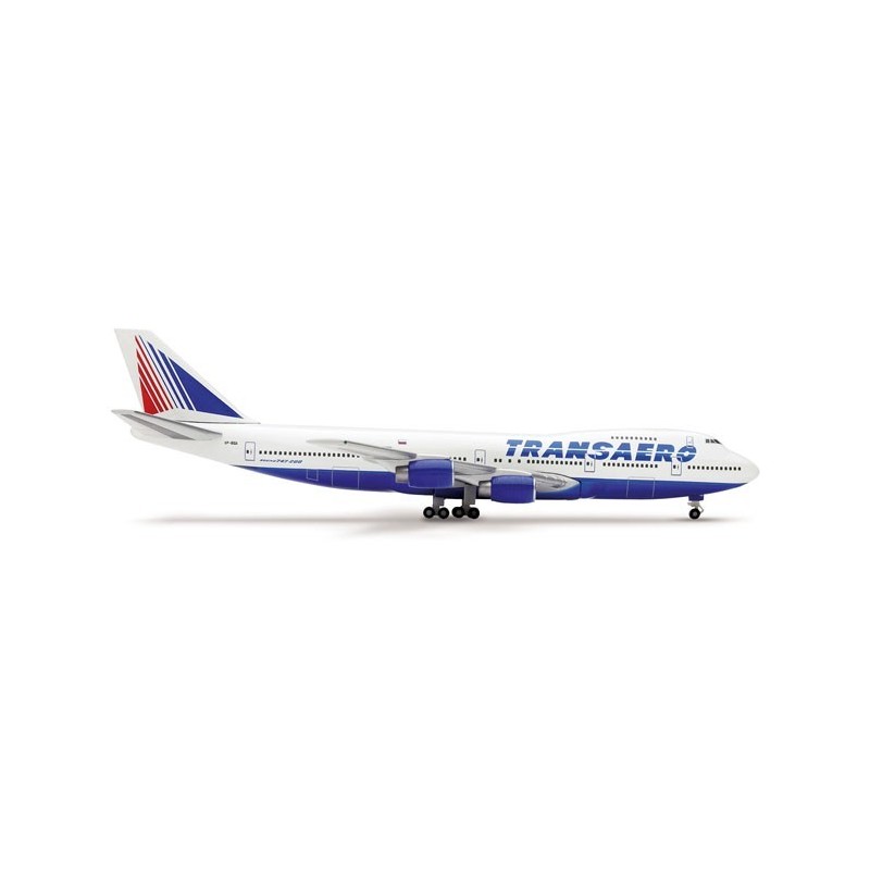 Model redukcyjny Boeing 747-200, skala 1:500, Herpa. Malowanie Transaero, biało-niebieski kadłub z czerwono-biało-niebieskim ogo