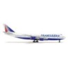 Model redukcyjny Boeing 747-200, skala 1:500, Herpa. Malowanie Transaero, biało-niebieski kadłub z czerwono-biało-niebieskim ogo
