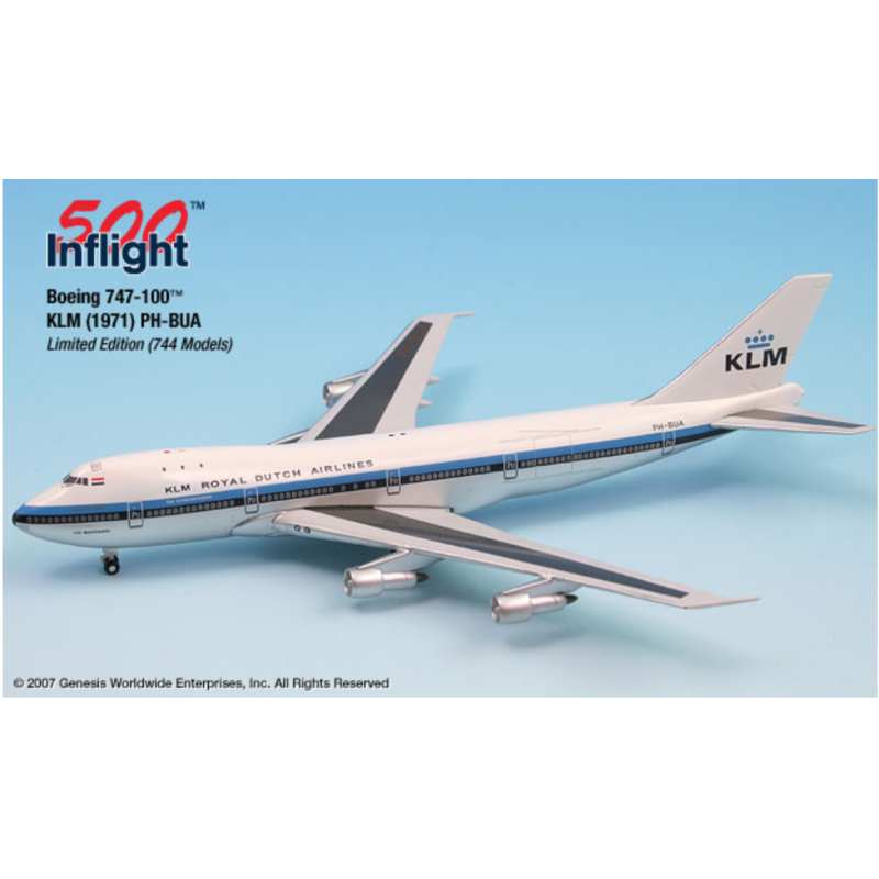 Model samolotu Boeing 747-100 KLM, skala 1:500, kolory dostawy KLM, oznaczenie PH-BUA.