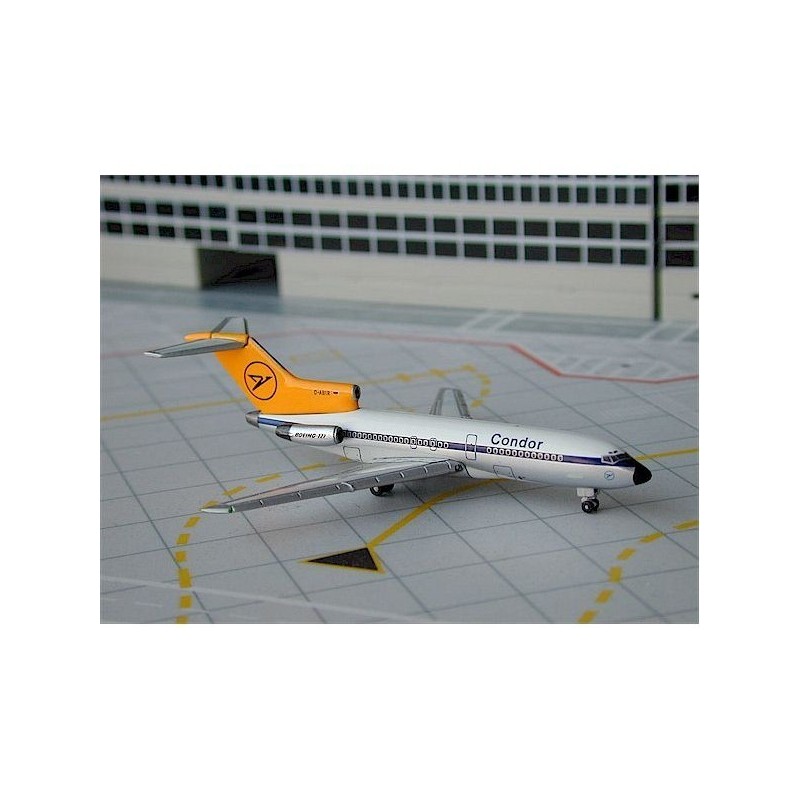 Model redukcyjny Boeing 727-100 Condor, skala 1:500, diecast. Biały kadłub, żółty ogon z logo, malowanie linii Condor.