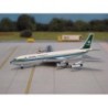 Model redukcyjny Boeing 707-300 Saudia, skala 1/500, Inflight. Biały kadłub z zielono-niebieskimi pasami, logo linii lotniczych.