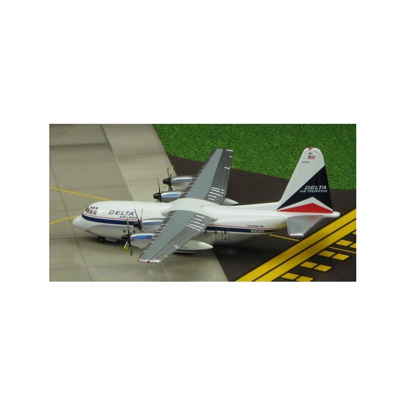Model Lockheed L-100 Hercules Delta Air Lines, 1:400, Gemini Jets. Biały kadłub z czerwono-błękitnymi akcentami i napisem "Delta