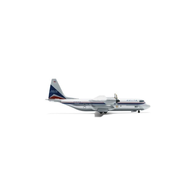 Model samolotu Lockheed L-100-20 Delta Air Lines, skala 1:500, HERPA. Biały kadłub z czerwono-błękitnymi akcentami.