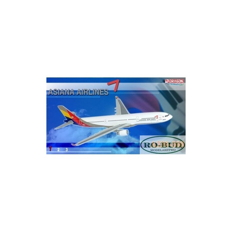 Model redukcyjny Airbus A330-300 Asiana Airlines, skala 1:500, Dragon. Biały kadłub, kolorowe ogony, logo linii lotniczej.