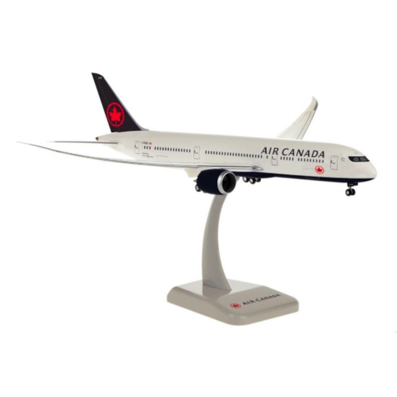 Model samolotu Boeing 787-9 Air Canada, skala 1/200. Biały kadłub, czarny ogon z czerwonym liściem klonu, logo linii lotniczych.