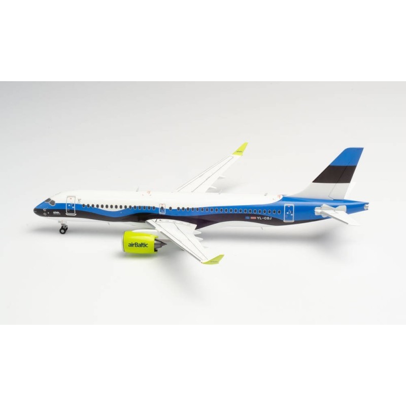 Model samolotu airBaltic Airbus A220-300 "Estonia" HERPA, skala 1:200, biało-niebieski z żółtymi akcentami.
