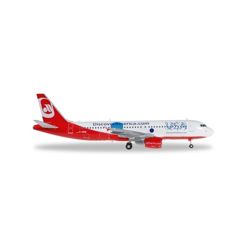 Model redukcyjny Airbus A320 airberlin "Discover USA", skala 1:200, HERPA. Czerwono-biały kadłub, logo DiscoverAmerica.com.
