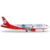 Model redukcyjny Airbus A320 airberlin "Discover USA", skala 1:200, HERPA. Czerwono-biały kadłub, logo DiscoverAmerica.com.