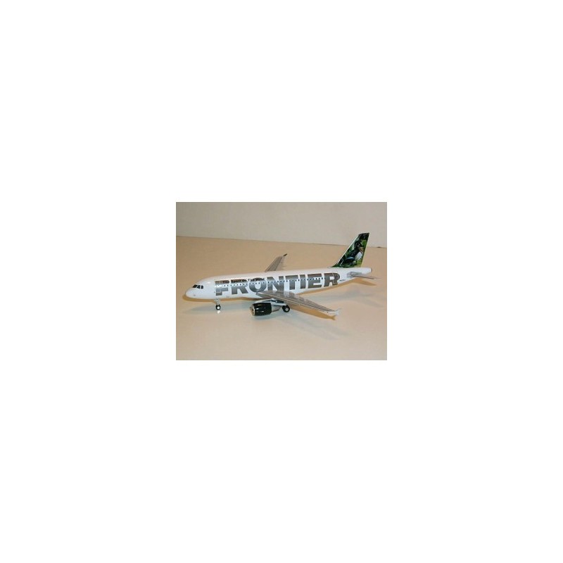 Model samolotu Airbus A319, skala 1:200, Frontier "Wood Duck". Biały kadłub, zielono-czarne ogonowe malowanie z kaczką.