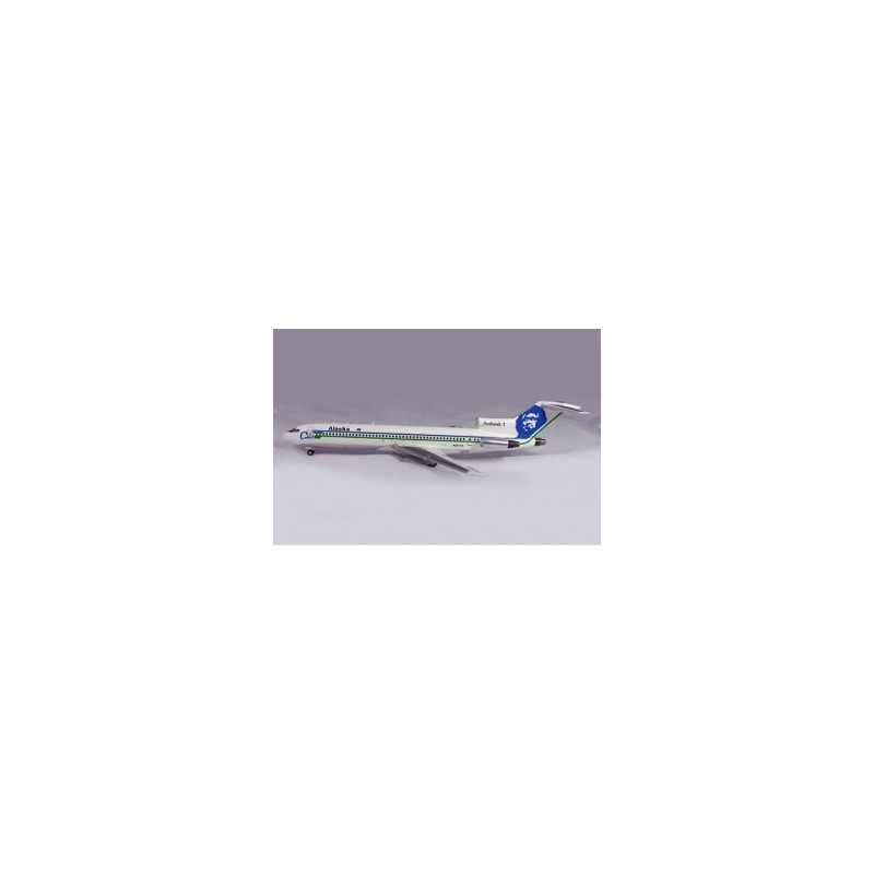 Model redukcyjny Boeing 727-200 Alaska Sea Hawk, skala 1:200. Biały kadłub, zielone i niebieskie elementy, logo Sea Hawk z tyłu.