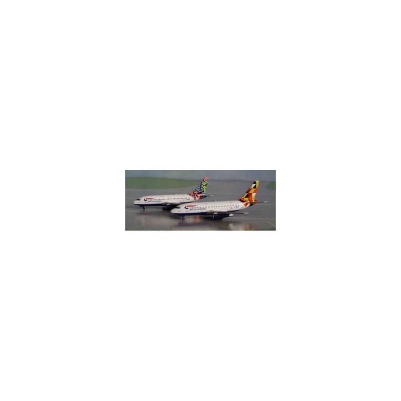 Model samolotu Boeing 737-200, skala 1:400, British Airways, biały kadłub z czerwono-niebieskimi detalami.