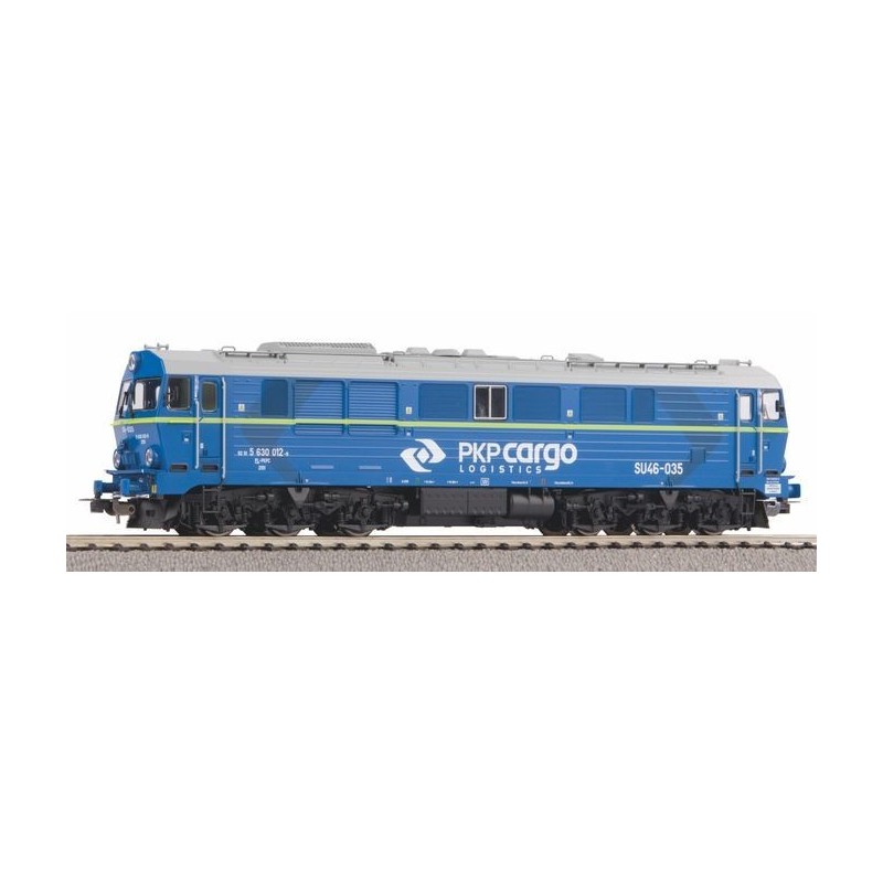 Model redukcyjny lokomotywy SU46 PKP Cargo, skala H0, Piko. Malowanie niebieskie z logo PKP Cargo Logistics.