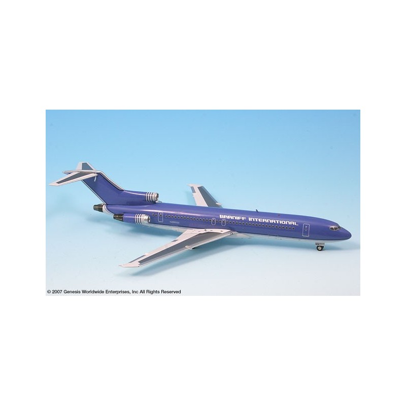 Model samolotu Boeing 727-200 Braniff International, skala 1:200, InFlight200. Malowanie niebieskie z białymi detalami.