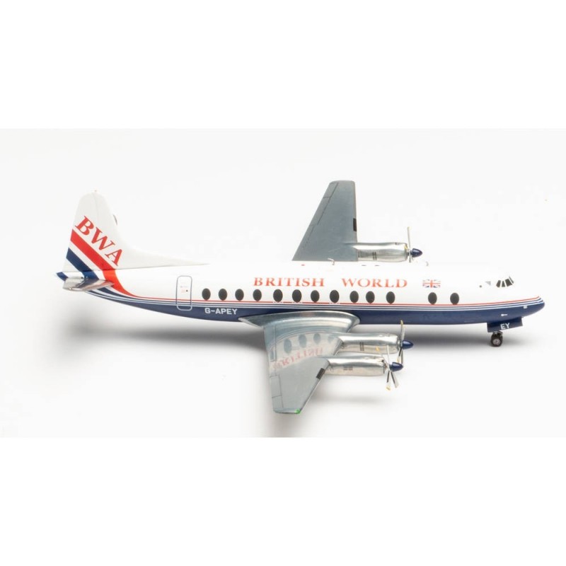 Model Vickers Viscount 800, skala 1:200, HERPA. Malowanie British World Airlines, oznaczenie G-APEY.