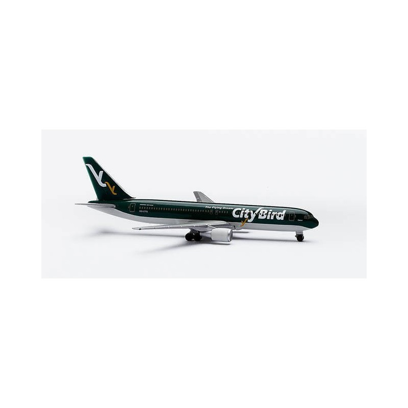 Model redukcyjny Boeing 767-300 CityBird, skala 1:500, Herpa. Zielony kadłub, logo CityBird.