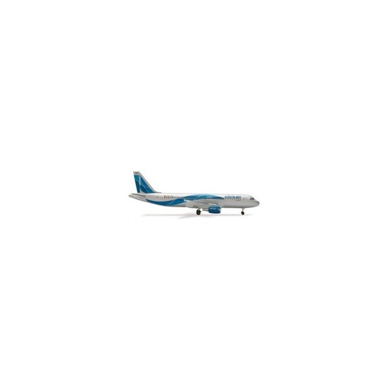 Clickair Airbus A320, skala 1:500, HERPA. Biały kadłub z niebieskimi akcentami i logo linii lotniczej.