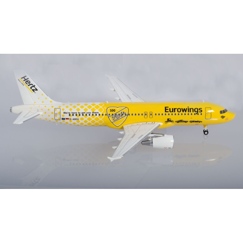 Model redukcyjny Airbus A320 Eurowings "Hertz 100 Years", skala 1:200, Herpa. Żółto-biały kadłub z logo Hertz i Eurowings.