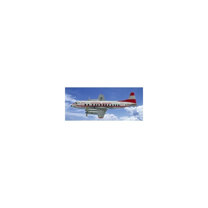 Model Vickers Viscount 800 Austrian Airlines, skala 1:500. Biały kadłub, czerwone akcenty i logo Austrian Airlines.