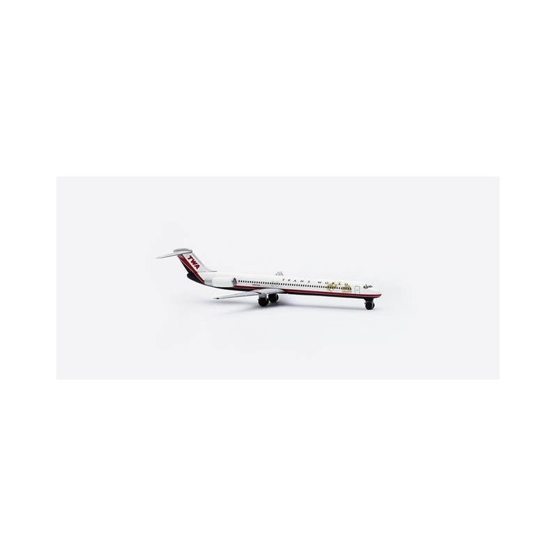 Model TWA McDonnell-Douglas MD-83, skala 1:500, HERPA. Biały kadłub, czerwone akcenty, logo TWA.