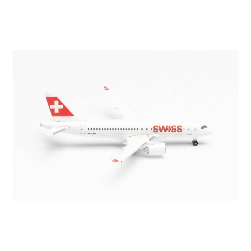 Model redukcyjny Airbus A220-100, skala 1:200, Herpa. Swiss International Air Lines, oznaczenie HB-JBH „Ascona“, biały kadłub z 