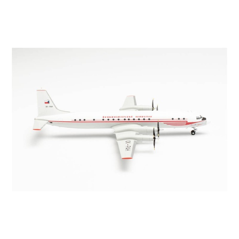 Model redukcyjny Ilyushin IL-18, skala 1:200, HERPA. Biały kadłub, czerwone akcenty, oznaczenia CSA Czechoslovak Airlines OK-PAH