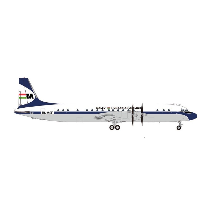 Model Ilyushin IL-18, skala 1:200, Herpa. Malowanie Malev Hungarian Airlines, rejestracja HA-MOF.
