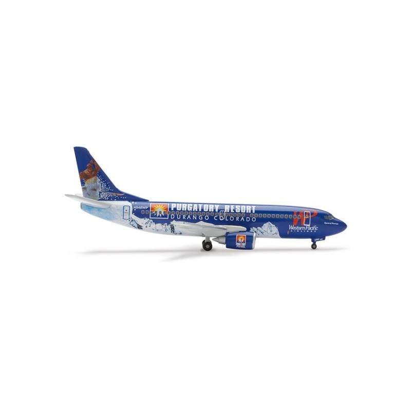 Model redukcyjny Boeing 737-300, skala 1:500, HERPA. Malowanie Purgatory Resort Durango Colorado, detale linii Western Pacific.
