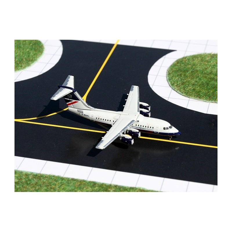 Model samolotu BAE 146, skala 1:400, Gemini Jets. Biały kadłub, ciemnoniebieski pasek, czerwone akcenty.