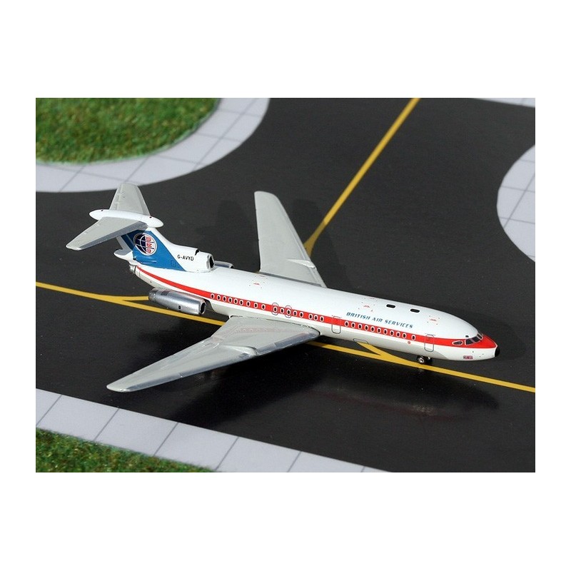 Model samolotu Hawker-Siddeley Trident 1E, skala 1:400, GeminiJets. Malowanie British Air Services, czerwono-biały kadłub.