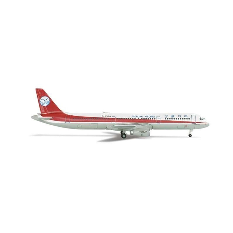 Model redukcyjny Airbus A321 Sichuan Airlines, skala 1:500, HERPA. Czerwono-biały kadłub, logo linii lotniczej.