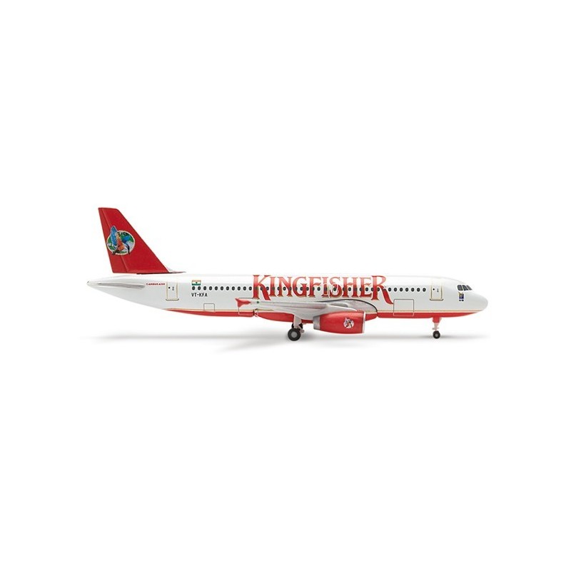 Model Kingfisher Airlines Airbus A320, skala 1:500, HERPA. Biały kadłub, czerwone akcenty i logo Kingfisher.