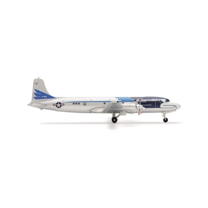 Model redukcyjny Douglas DC-6/VC-118 "The Independence", skala 1:500, HERPA. Biały kadłub, niebieskie akcenty i gwiazda Sił Powi
